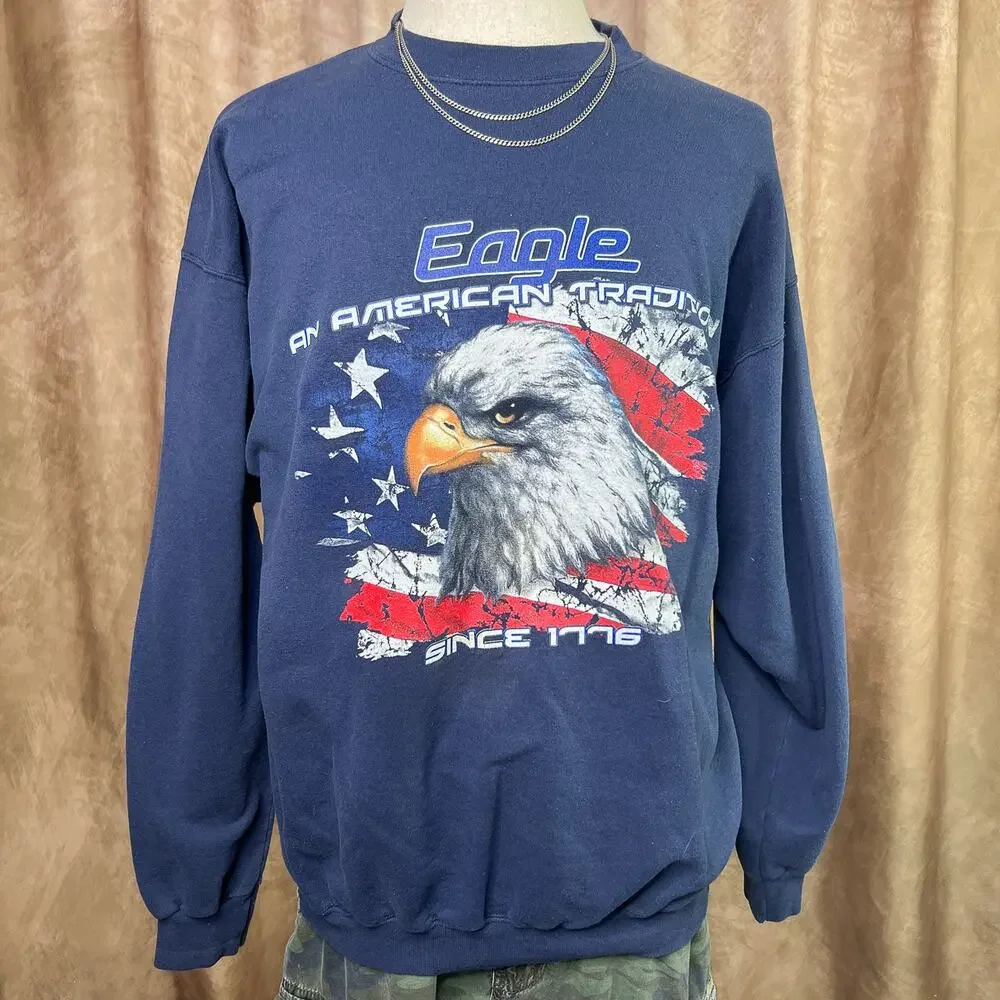 Vintage 90s Eagle Sweatshirt American Tradition Crewneck Navy USA Flag Animal